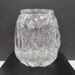 Vintage Ingrid Glashutte Ice block MCM vase 5.5" tall Clear Glass Bark Texture